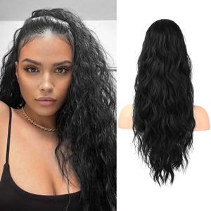Flufymooz Ponytail Extension, 22 Inch Drawstring Ponytail Hair Extensions for Women Long Curly Wavy Pony Tail Natural Wavy Synthetic Hairpiece for Women Daily Use party (22 Inch Natural Black)