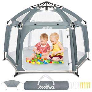 Pop Up Playpen for Baby, 150*100 cm(L*H) Playpen for Babies and Toddlers with Removable Sun-Shades& 2 Side UV Covers, Lightweight Outdoor Baby Play pen for Beach Home with Travel Bag,Light Gray