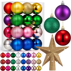 25 Pcs Mini Christmas Balls Ornaments Set 2.36 Inch Christmas Day Ball Topper Star Tree Hanging Ornaments for Party Decoration(Bright Colors)
