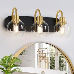 Modern 3-Light Vanity Light, Bathroom Lighting Fixture Over Mirror With Clear Glass Shade and Metal Base, Wall Sconces in Matte Black and Gold