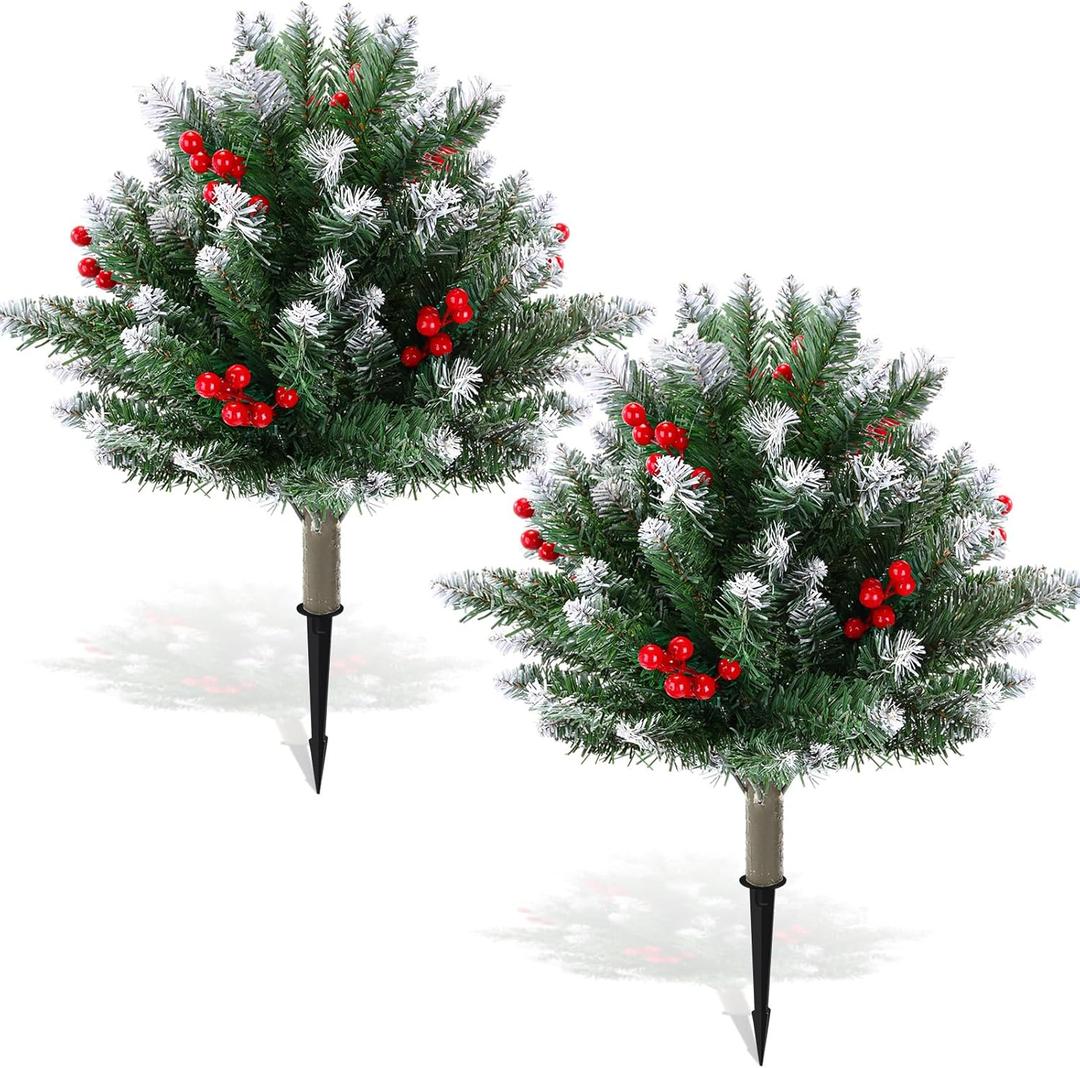 Yunlly 2 Pcs 23.6in Frosted Artificial Cedar Pine Topiary Trees for Front Porch Decor, Outdoor Christmas Tree with Cones Red Berries, Faux Shrubs UV Resistant Fake Bush Greenery for Indoor Garden