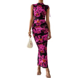 PRETTYGARDEN Women's Summer Maxi Floral Dresses Ruched Bodycon Sleeveless Mesh Formal Wedding Guest Cocktail Split Long Dress (Pink, M)