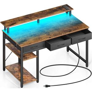 Rolanstar Computer Desk with Power Outlets & LED Light, 39 inch Home Office Desk with 3 Drawers and Storage Shelves, Writing Desk with Monitor Stand, Work Desk for Home Office,Rustic Brown