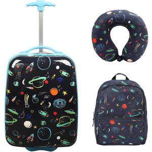 Space Printed 2-Wheel Lightweight Carry-on Luggage Suitcase with Backpack and Neck Pillow (3-Pc Set) For Boys