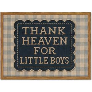 Framed Thank Heaven for Little Boys Wall Art, Baby Boy Nursery Wall Decor, Vintage Blue Gingham Inspirational Quote Paintings Canvas Prints Pictures for Toddler Kids Bedroom 16x24 inch
