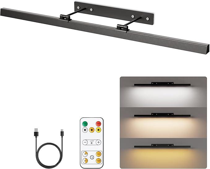 Large Battery Operated Wireless Picture Light，Rechargeable 39.4inch Painting Display Light,Remote Control Wall Lights with Three Modes and Timing for Art Frame
