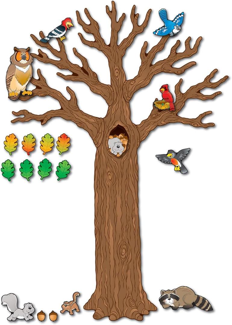 Carson Dellosa 120PC Fall Decor, 7PC Tree With Colorful Cardstock Autumn Leaves, Woodland Animal Cutouts for Fall Decor and Classroom Door Decorations