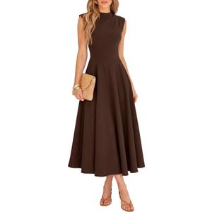 BTFBM Summer Dresses for Women 2026 Mock Neck Sleeveless High Waist Flowy Aline Maxi Spring Wedding Guest Dress Cocktail, Dark Brown, Large