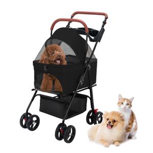 Pet Stroller-Folding 4 Wheels Cat/Dog Stroller for Small-Medium Pets with Storage Basket and Cup Holder Suitable for Going Out and Traveling (Black)