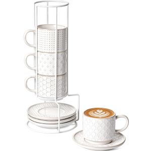 LE TAUCI 8 oz Stackable Latte Cups with Saucers and Stand, Set of 4, Large Ceramic Coffee Cup and Saucer Set for Tea, Cafe Au Lait, Microwave & Oven Safe  Embossed White