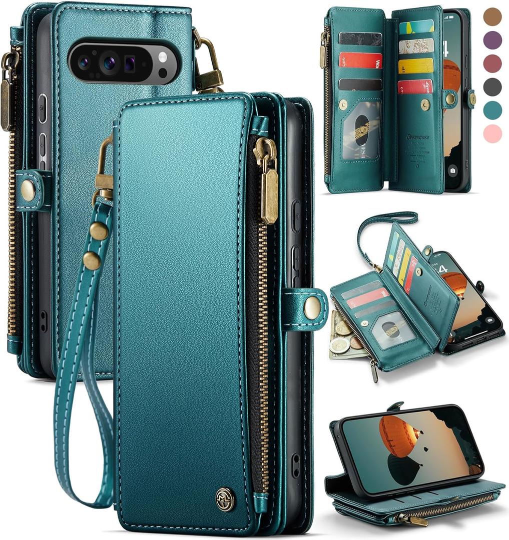 Defencase for Google Pixel 10 Pro XL Case, RFID Blocking Wallet Case for Pixel 10 Pro XL Soft PU Leather Magnetic Snap Flip Zipper Strap Card Holder Phone Cases for Women Men, Blue Green