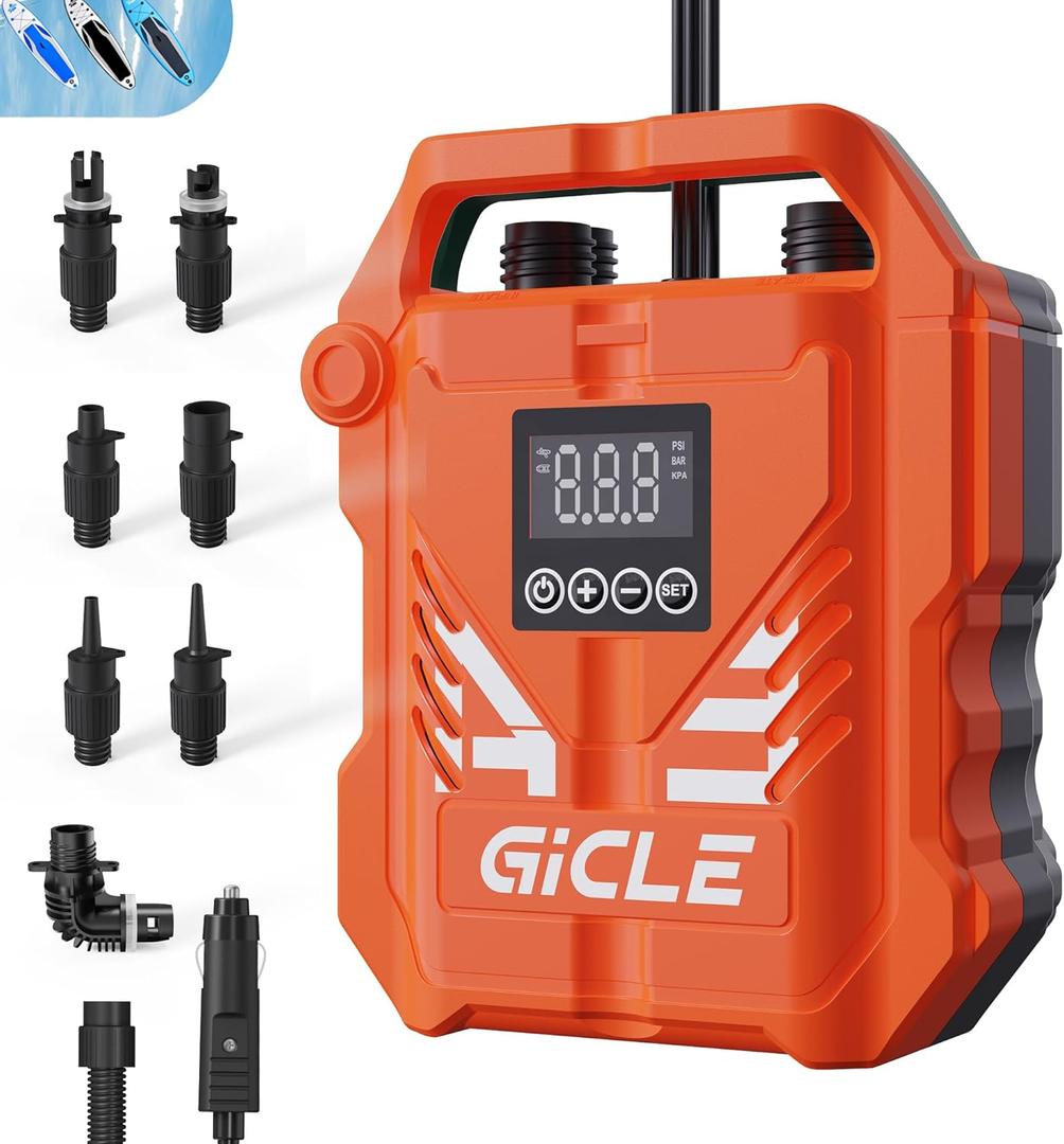 Paddle Board Pump Electric Portable with Dual Stage Inflation, High Pressure Air Pump for Paddleboard/Inflatable Bed/Mattress with 12V DC Car Connector and Portable Boat (Orange)