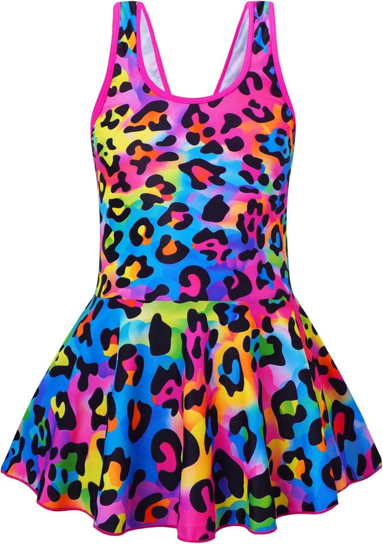 Akokvlar Girl One Piece Swimsuit with Skirt Bathing Suit Swimwear (14-15 Years, Rainbow Leopard)