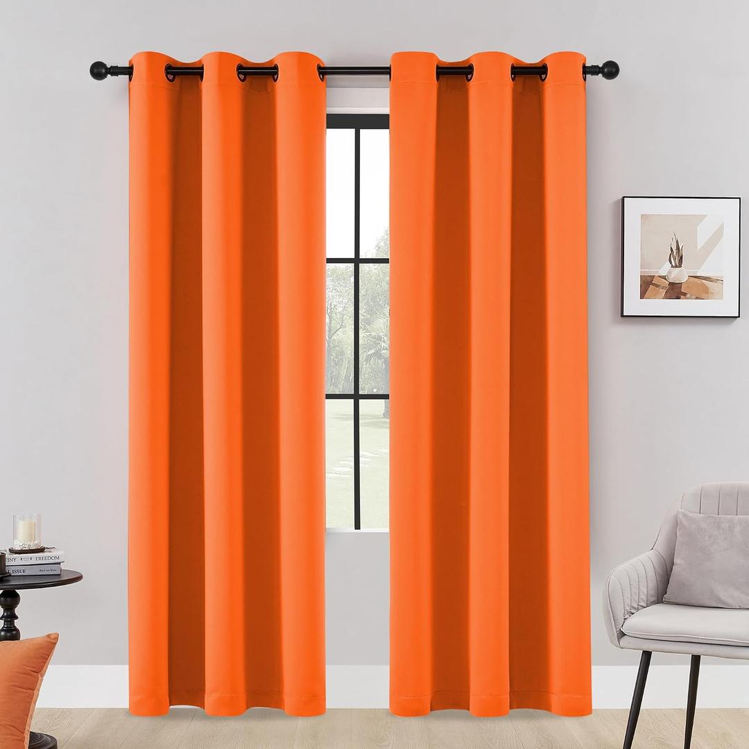 HUTO Blackout Curatins Window Drapes for Bedroom Living Room - Antique Copper Grommet Room Darkening Thermal Insulated Privacy Protect Draperies Curtains, Set of 2, Vibrant Orange, 42W x 84L
