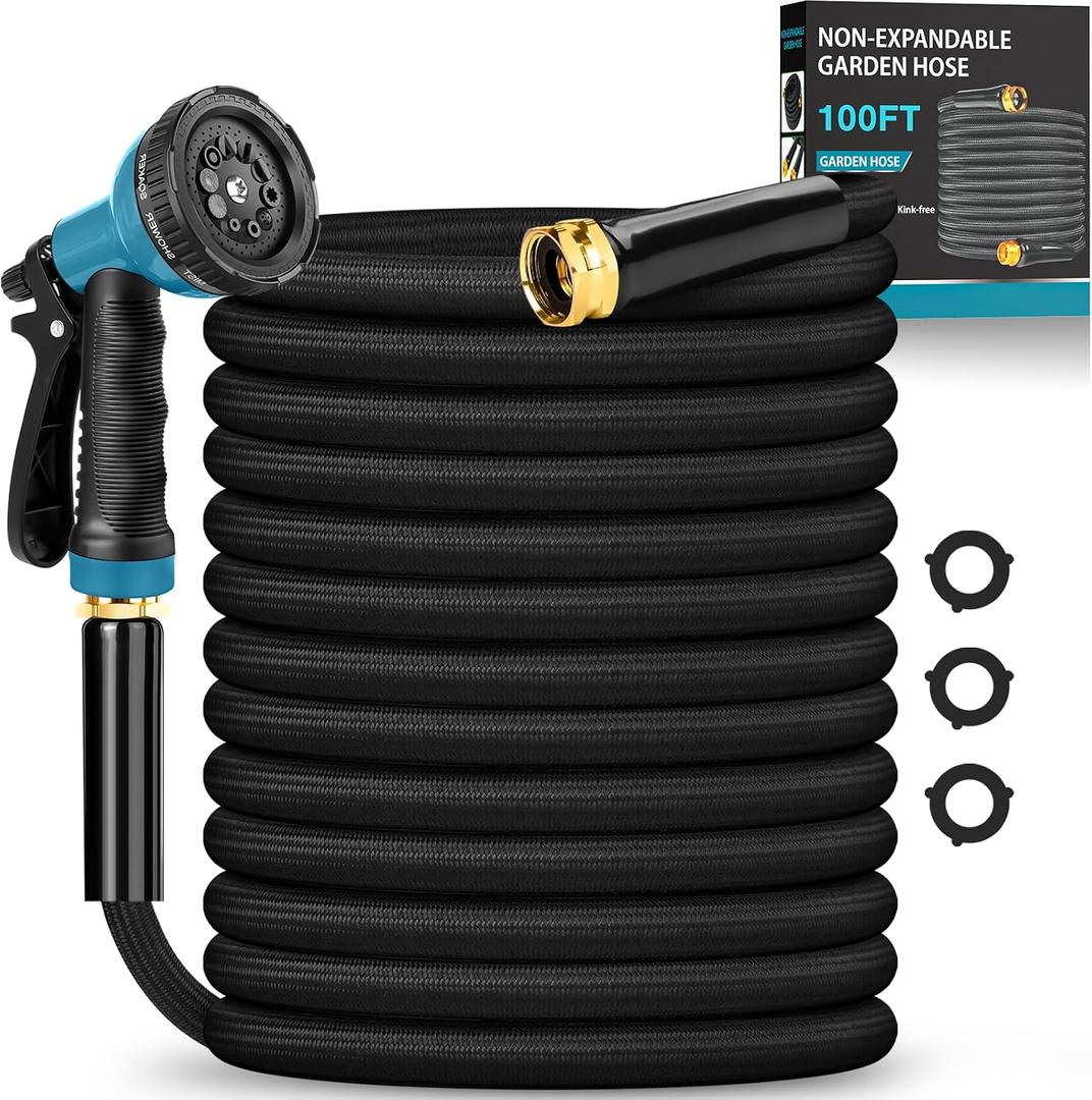 Garden Hose 100FT, Non-Expanding Lightweight Water Hose With 10-Function Nozzle, Leak-Proof, No-Knot, Easy to Carry and store, Wear-Resistant, Sturdy, 3/4GHT, Designed for Garden, Yard, Outdoor