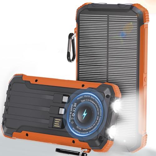 Power Bank Portable Solar Charger, Wireless Fast Charging Battery Pack, 20000mAh Capacity USB-C Input, 6 Outputs, Dual LED Flashlight, USB Battery Pack for Cell Phone Camping Travel Emergency (Orange)