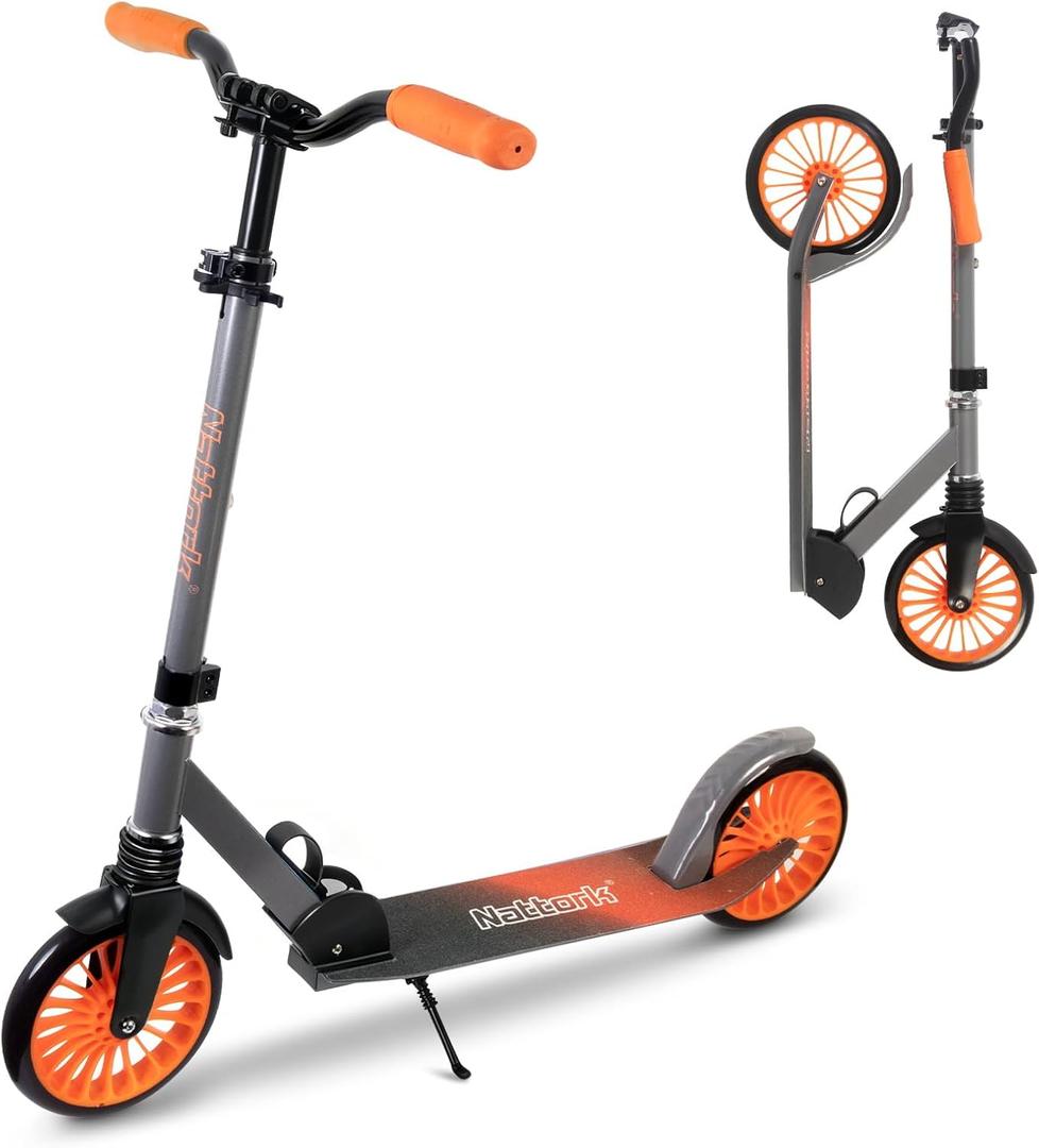 Nattork Kick Scooter for Age 6+ Kids Teens Adults, Max Load 240 LBS, Adjustable Height Foldable with 8" Large Wheels, Anti-Shock Suspension