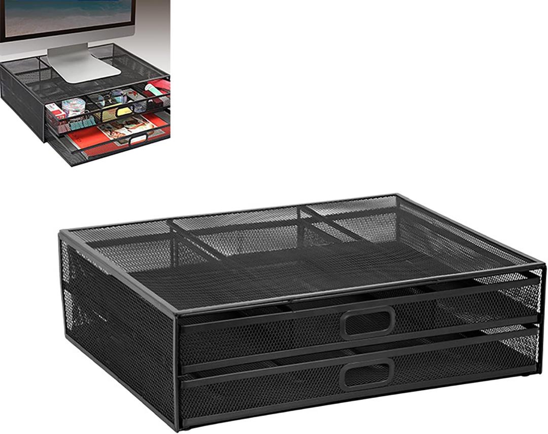 Mesh Desk Organizer with Dual Storage Drawers - Sturdy Metal Monitor Stand Riser for PC Laptop Printer, Ergonomic Design Office Supplies, Black Desktop Organizer