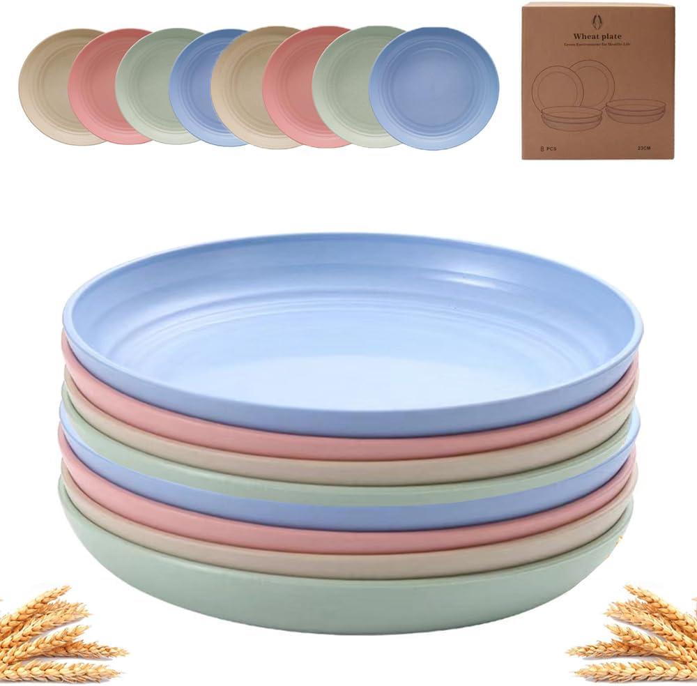 K Y KANGYUN 8 Pcs 9 Inch Unbreakable Wheat Straw Plates, Microwave/Dishwasher Safe cereal Dinner Plates, BPA Free, Reusable kitchen Plastic Plates Suitable Dinnerware. (Classic Bright)