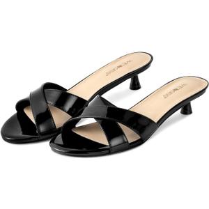 wetkiss Womens Heeled Sandals Open Round Toe Slip on Kitten Heel Mules Low Heel Slide Sandals for Women Cross Strap Backless Mule Flats Comfortable Summer Dress Heels (8, Patent Black)