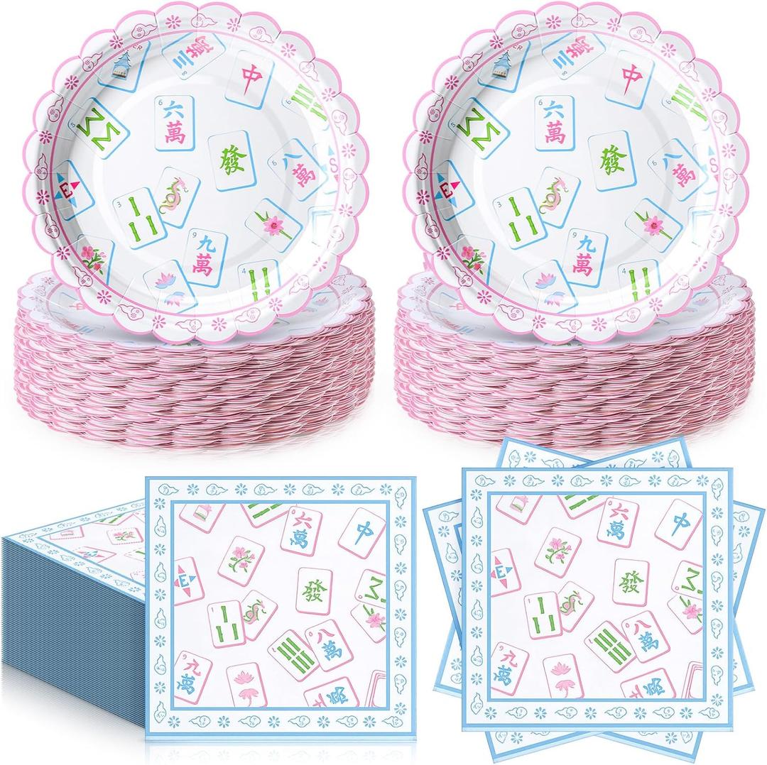 Havawish 96 Pcs Mahjong Plates and Napkins for 48 Guests, Mahjong Party Supplies Cocktail Tableware Including Dessert Plates and Napkins for Bridal Showers Birthday Wedding Party