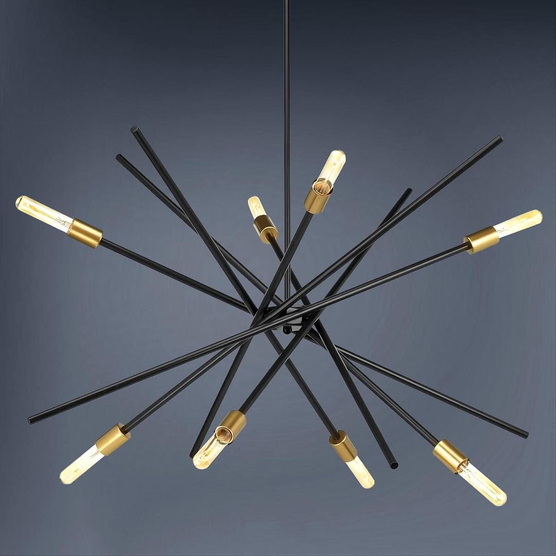 Mid-Century Black and Brass Sputnik Chandelier, Modern 8-Light Adjustable Pendant Light Fixture Industrial Swag Metal Ceiling Light for Kitchen Dining Room Living Room Hallway Foyer