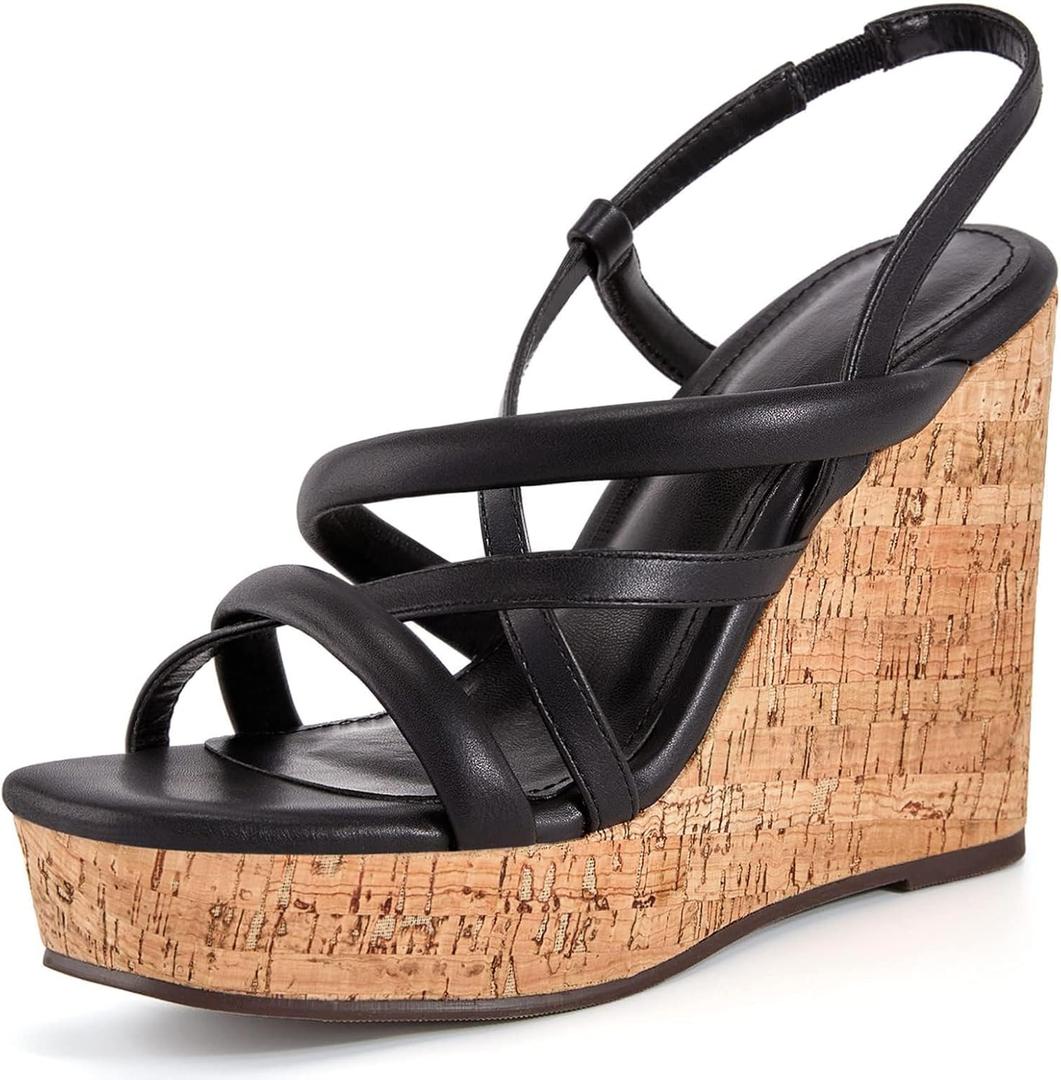 Coutgo Women Platform Wedge Sandals Cork Slingback Wedges Espadrilles Heels Summer Shoes (Black) 8.5