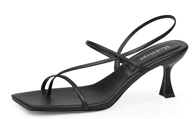 Modatope Womens Kitten Heel Strappy Thong Sandals Square Open Toe Flip Flop Heels Black Size 8