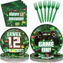 Grencian 96Pcs 12th Green Game Party Supplies Video Birthday Paper Plates and Napkins Tableware Sets Level Unlocked Game Themed Decorations for Kids Gaming Boys 12 Year Old Party Favors Serves 24