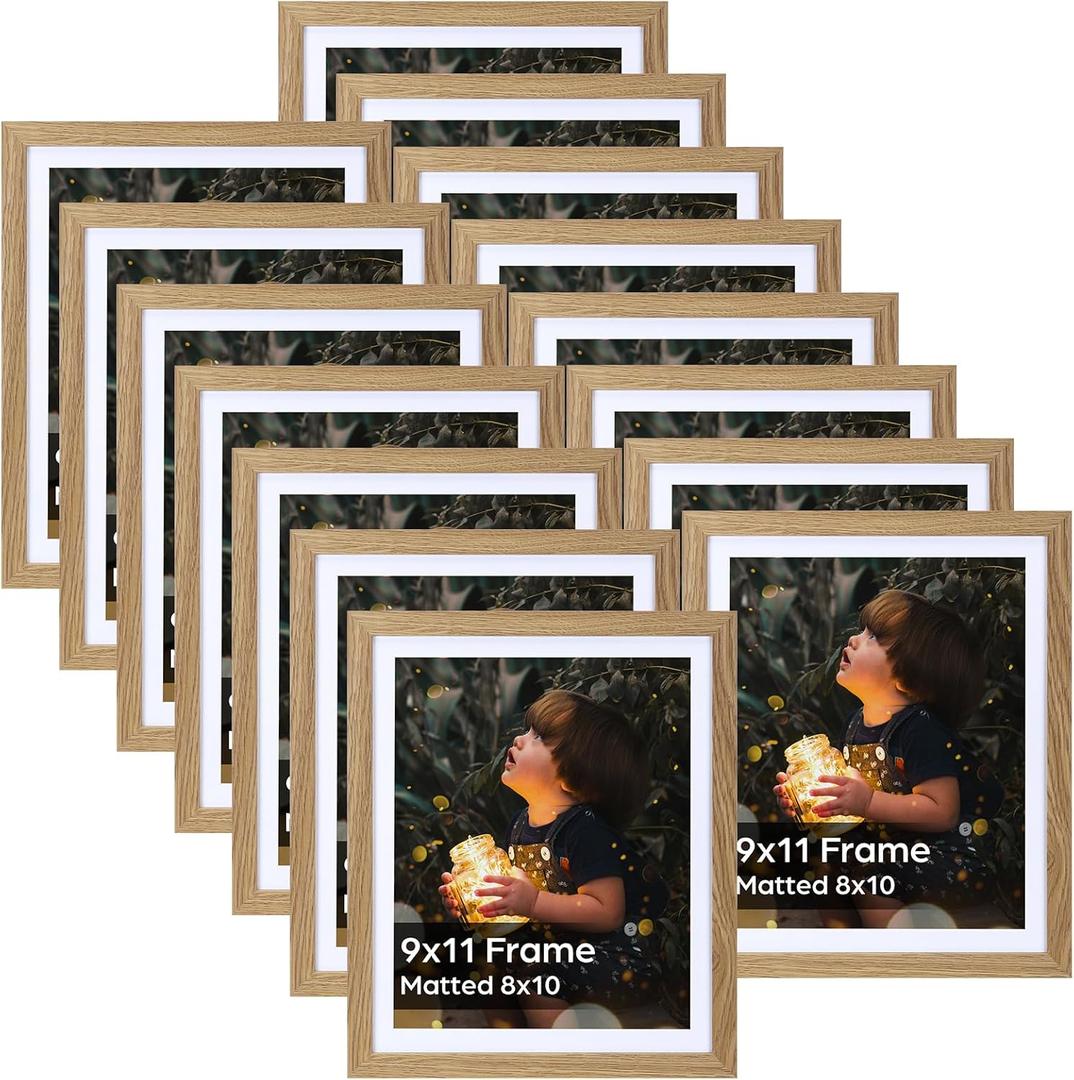 Lyeasw 8x10 Picture Frame 15 Pack, Display Pictures 8x10 with Mat or 9x11 without Mat, Natural Wood Color Bulk Photo Frames for Wall or Tabletop