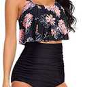 ADOME Women Bikini Set Tummy Control Swimsuit Two Piece High Waist Floral Swimwear Plus Size XXL