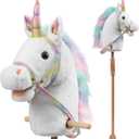 HollyHOME Unicorn Stick Horse with Wood Wheels Real Pony Neighing and Galloping Sounds Unicorn Hobby Horse with Rainbow Glitter Bridle, White 36 Inches(AA Batteries Required)