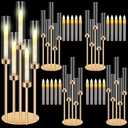Tandefio 4 Set 5 Arm Gold Candelabra Table Centerpiece with LED Candle, 26.8" Tall Acrylic Cylinder Candle Holder with Lampshades Fit 0.8 for Wedding, Anniversaries, Dinner, Party, Easter, Home Decor