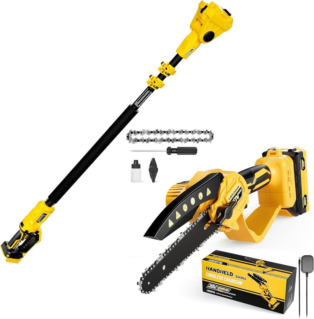 2-IN-1 Cordless 6" Pole Saw & Chainsaw compatible with 20V Battery, With 1.5 Ah Battery *1Reach Extension Pole-For Tree Trimming