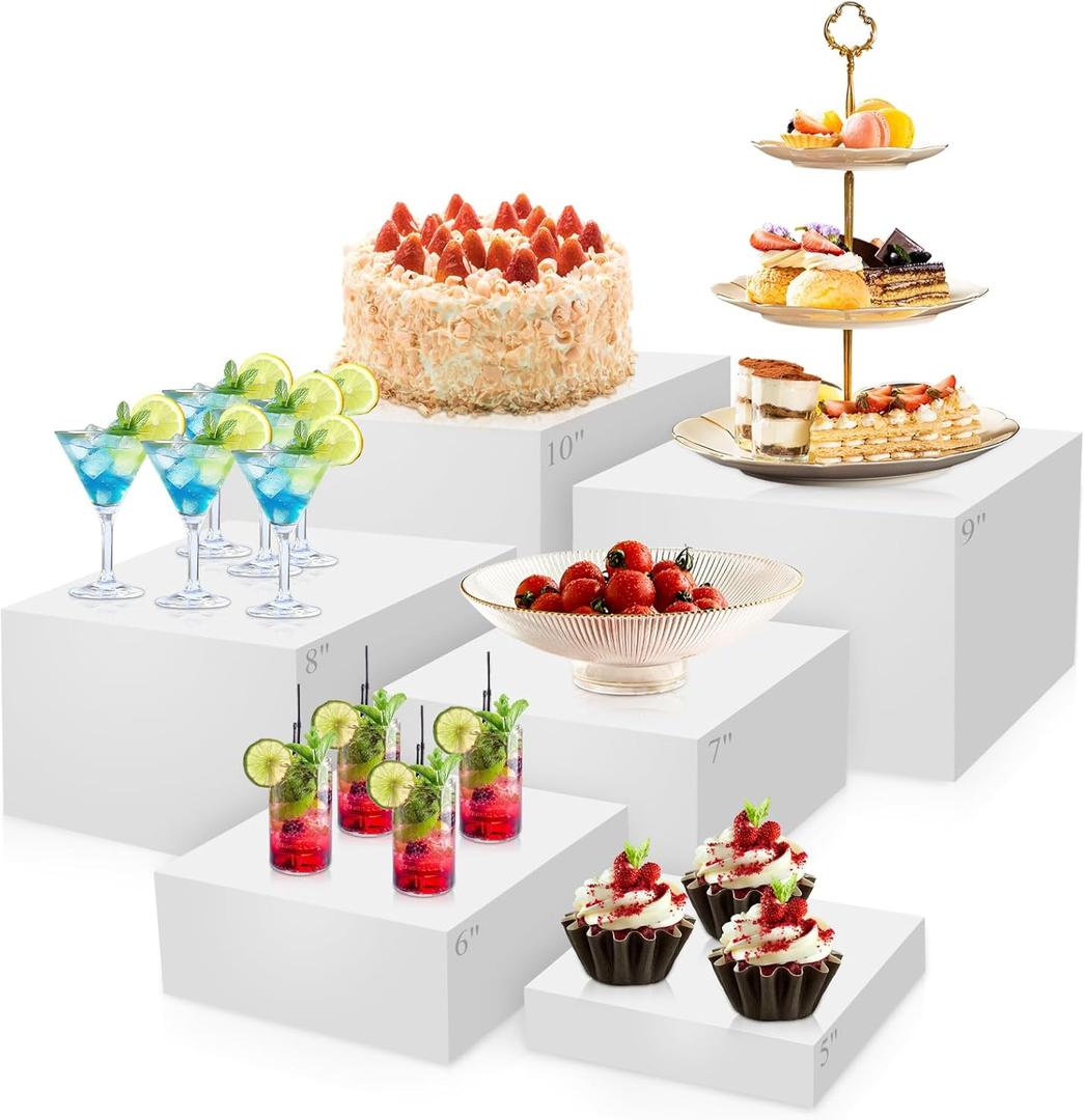 6PCS Buffet Risers, Premium Large Food Risers for Buffet Table, Catering Dessert Cake Stand for Party, Collectibles Jewelry Display Stand, White Acrylic Cube Boxes Nesting Risers(Size 10" 9" 8" 7" 6" 5")