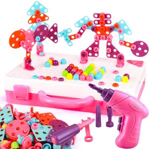 Toddler Tool Set Magic, Montessori Play Toolbox249Pcs Magic Montessori Play Toolboxwith Electric Drill, Montessori Toys Gift for Age 3-12 Years Old Girls, for Christmas Birthday Gifts (Pink)