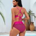 Blooming Jelly Womens High Waisted Bikini Sets Striped Tummy Control Swimsuits Color Block Two Piece Bathing Suit (Pink, M)