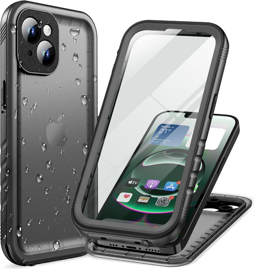 Cozycase for iPhone 15 Case Waterproof - 360 Heavy Duty with Screen/Camera Protector Shockproof IP68 Underwater Dustproof Water Dust Shock Proof Double Full Body/Front and Back 15 Protective Case Slim (Black)