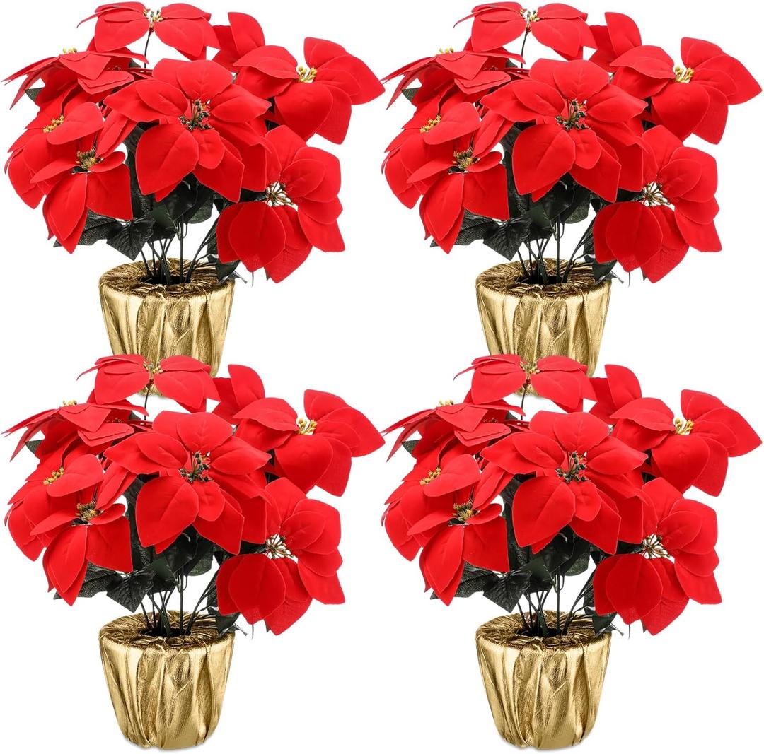 4 Sets 18.5 Christmas Poinsettia Artificial Flowers Potted with Gold Pot Bags Desktop Plants for Home Garden Table Centerpiece Window Gift Holiday Xmas Decor