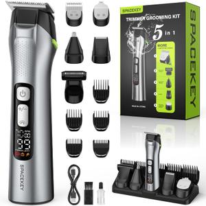 Beard Trimmer for Men, 15 Pieces Mens Grooming Kit, 5 in 1 Stainless Steel Blade Cordless Hair Clippers, 150-Min Long Runtime, IPX7 Waterproof, 3 Speeds Body Hair Trimmer for Nose, Ear, Face, Chest