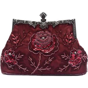Vintage 1920s Beaded Evening Bag Pearl Clutch Bag for Women Sequin Handbag Bridal Wedding Purse Floral Shoulder Bag (Wine Red)