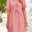 PRETTYGARDEN Womens 2025 Summer Casual Short Sleeve Dresses A Line Bow Tie Front Babydoll Loose Cute Mini Dress with Pockets (Pink, S)