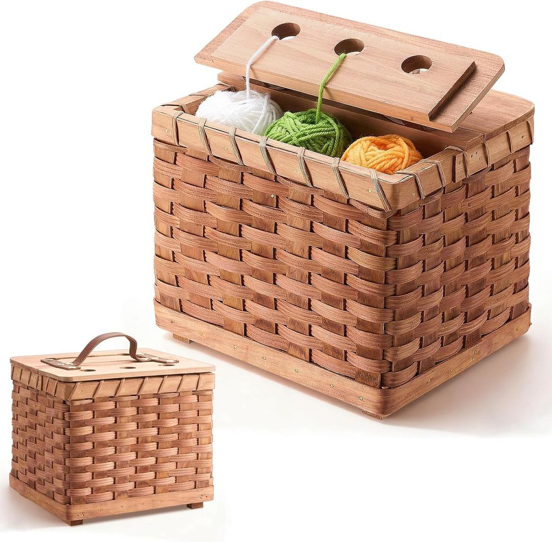 Bamboo Crochet Bag Organizer, 8.7 x 7.5 x 7 in Wooden Woven Yarn Storage Basket for Knitting & Crochet Supplies, Portable Yarn Holder for Skeins, Hooks & Needles, Natural Wood Color