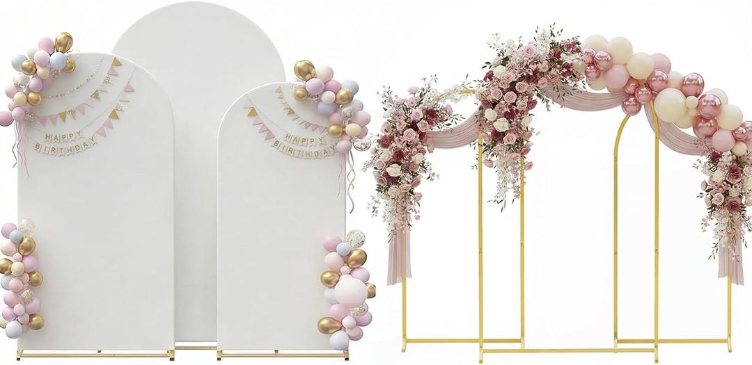 Set of 3 Metal Arch Backdrop Stand with Cover Set, (8FT, 7.2FT, 6.6FT Wedding Arch and Cover Set), Backdrop Arch for Party, Baby Shower, Birthday, and Graduation Ceremony