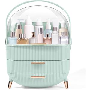 RMAN Makeup Organizer for Vanity Make up and Cosmetics Storage with Lid and Drawers Skincare Organizers Display Cases for Countertop Bathroom Dresser(Light Green)