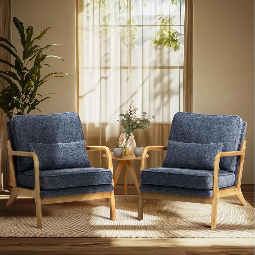 COLAMY Mid Century Modern Accent Chair Set of 2 with Lumbar Pillow, Relaxing Armchair with Solid Wood Frame & Soft Cushion, Reading Leisure Chair for Living RoomBlue