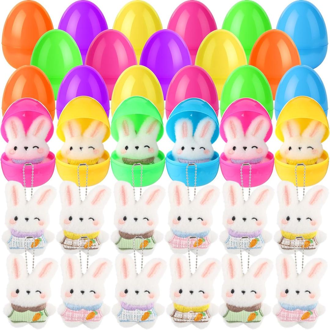 48 Pcs/ 24 Sets Prefilled Easter Eggs with Bunny Plush Keychains for 3.7inch Easter Basket Stuffers Fillers Goodie Bag Filled Hunt Rabbit Stuffed Egg Gifts(White)
