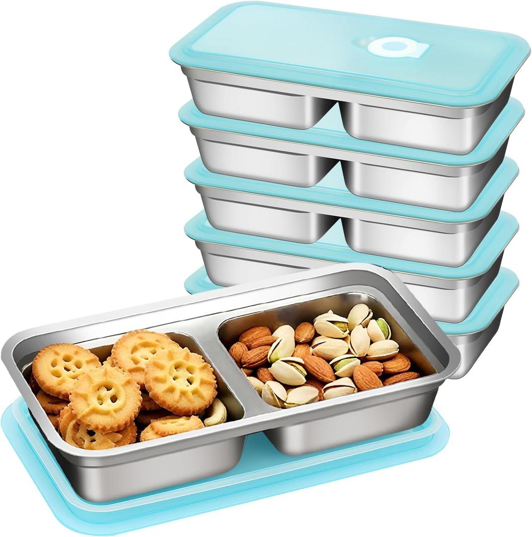 Stainless Steel Snack Containers with Lids, Reusable Lunch Box, Double Compartment Food Storage, Grab and Go Snack Container,Double Compartment Food Lunch Meal Container Prep for Travel, 6 Pack