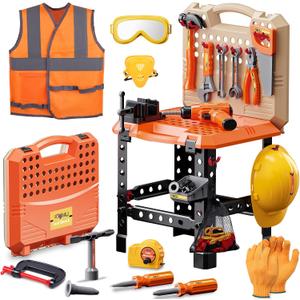 Kids Tool Bench Set,MAGIC4U 95PCS Toddler Tool Workbench with Electronic Drill 13 Tool Equipements,Safety Vest & Hat,Pretend Play Kids Construction Toys Gift for Boys Girls Age 3,4,5,6,7,8 (Orange)
