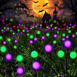 Halloween Decorations Outdoor Solar Pathway Lights, 6 Pack 48LED Solar Firefly Lights Green and Purple, Sway by Wind, Waterproof Solar Halloween Lights for Patio Garden Yard Lawn Horror Party Decor